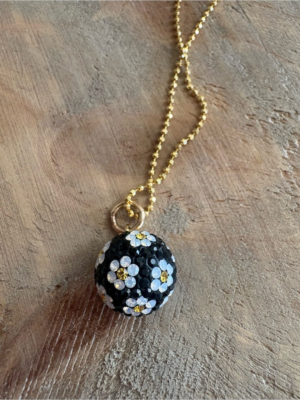 Hillberg & Berk Daisy Ball Necklace Black Large Sparkle Ball Floral Gold Tone